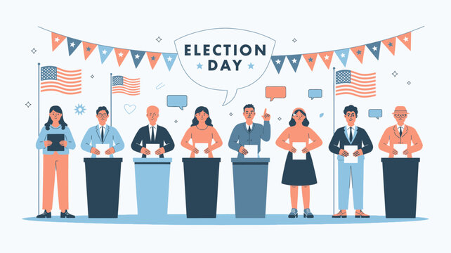 Diverse citizens casting votes on Election Day, standing proudly with American flags and patriotic bunting, symbolizing democracy and civic duty with vector art