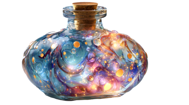 Enchanting cosmic potion bottle with swirling colors for fantasy design
