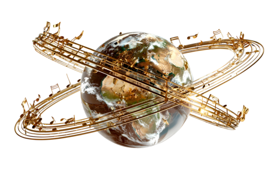 Musical harmony surrounding planet earth in a rotational motion