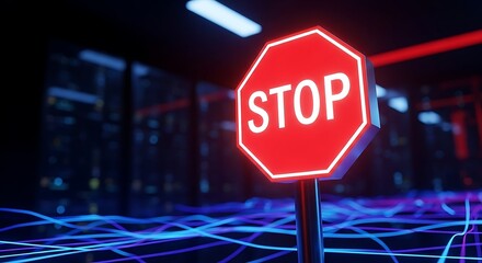 Bright red stop sign warning against cyber threats in a futuristic server room.