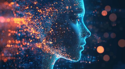 A digital representation of a human face with a glowing, pixelated texture, set against a dark, bokeh-lit background.