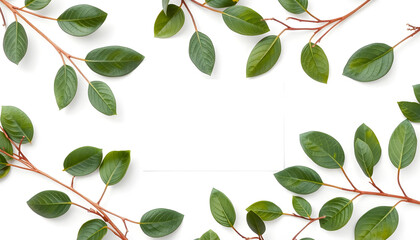 Obraz premium Decorative green leaves and a card with copy space isolated on white