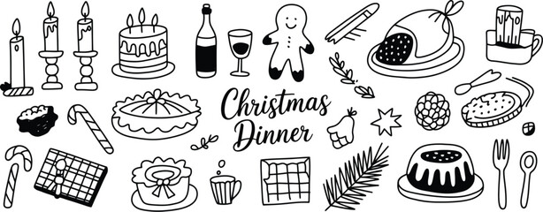 Christmas dinner food and decorations cake