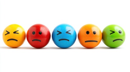 Five colorful wooden emoticons with sad faces, arranged in a row.