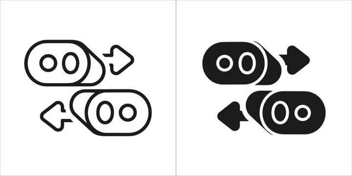 Two abstract icons representing data transfer or connection, one in outline and one in solid black