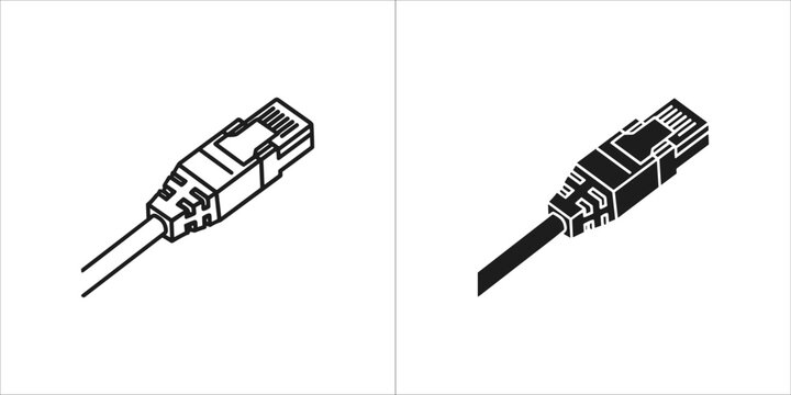 Two icons of an ethernet cable connector, one outlined and one solid black