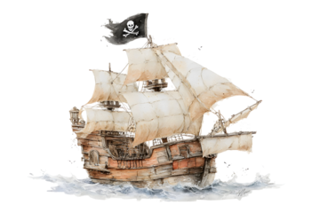 Charming storybook style painting of an old pirate ship at sea