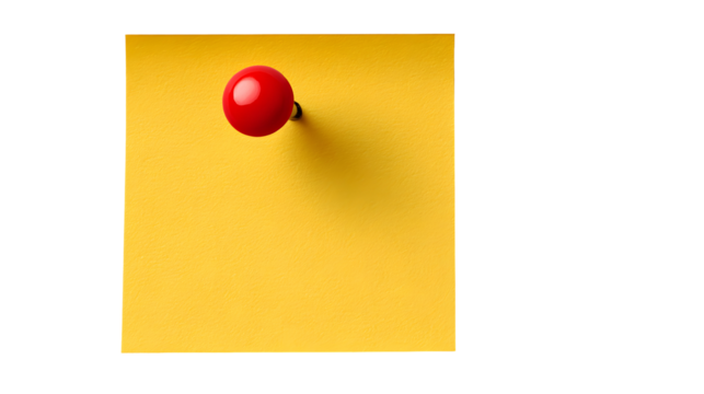Classic sticky note with bright red thumbtack on vivid yellow background