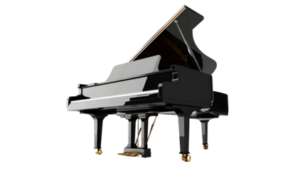 Sleek black lacquer grand piano with elegant design on black background