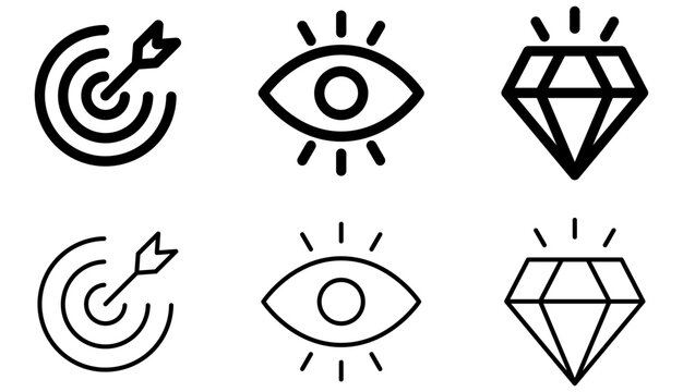 Mission, vission, values line icons featuring target with arrow, eye, and diamond symbols. for goals, strategy, quality, success, value, startup, and mission statements. for branding, UI, business