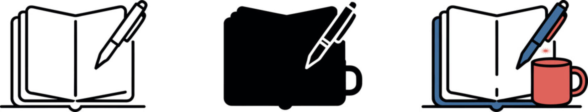 Open book icon set with pen and mug illustration creative writing concept