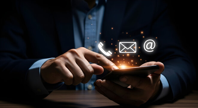 Business professional interacting with digital communication icons on smartphone screenStock photo for website - Business and technology concept photo