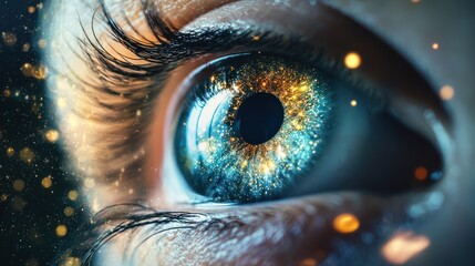 Close-up of a human eye with a colorful iris and pupil, surrounded by a blurred background of stars and lights.
