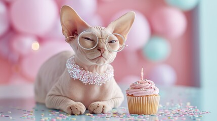 A hairless Sphynx cat wearing sparkling glasses and a beaded collar poses proudly beside a pink cupcake with a candle. The pastel colors and elegant setup create a humorous yet luxurious pet portrait 