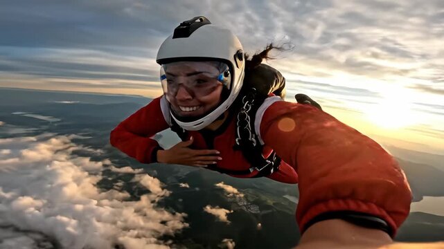 female skydiver in red jumpsuit takes selfie during exhilarating freefall over mountains at sunset. extreme sport and adventure concept, freedom.