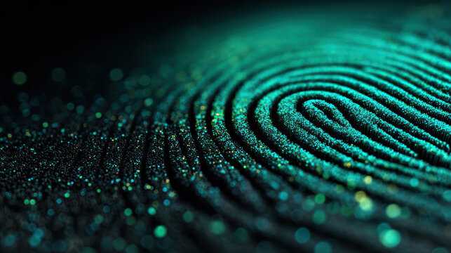 Glowing green fingerprint on black background, close-up