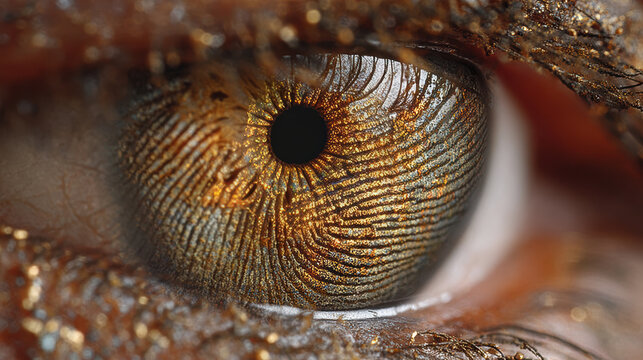 Human eye with fingerprint-like pattern on iris - concept of uniqueness, identity, biometric identification, global control