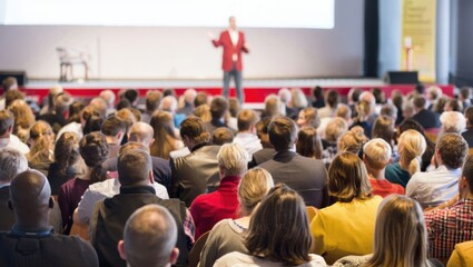 Engaging speaker presenting to a captivated audience at a conference