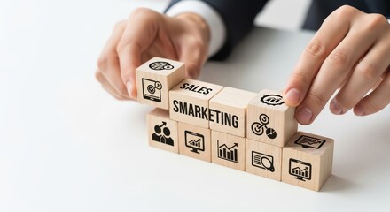 Confident Marketer Placing Strategic Business Icon in Professional White Space, Representing Successful Integrated Marketing Goals Ideal for Corporate Websites and Presentations.