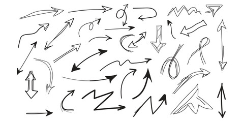 Collection of hand drawn sketchy arrows and directional symbols in black ink on white background