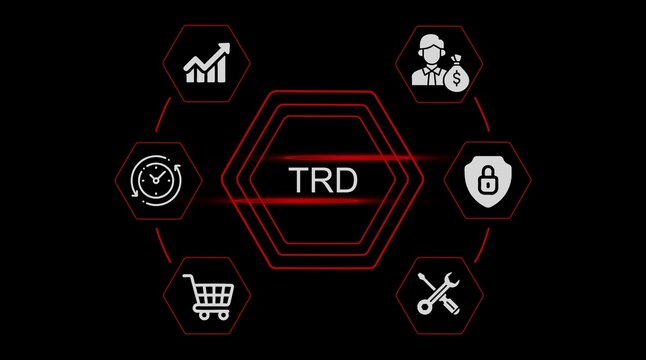 T R D acronym in center surrounded by icons for growth, money, security, tools, shopping cart, and time on black background