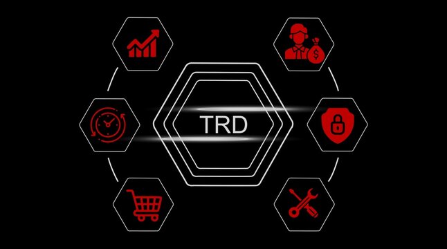 Red icons in hexagons around central T R D text on black background business finance