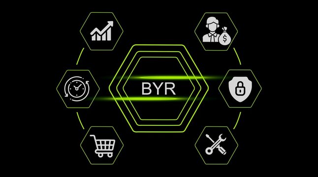 Hexagonal diagram with B Y R text and icons for business growth security time shopping and tools image