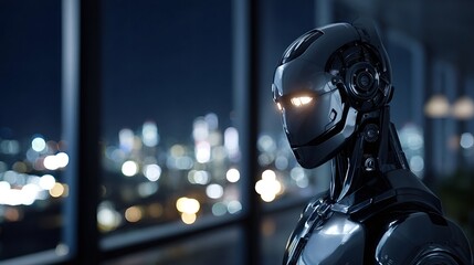 Futuristic robot stands, observing a bustling city skyline with sparkling bokeh lights at night, embodying advanced technology and artificial intelligence