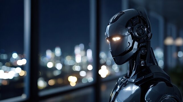 Futuristic robot stands, observing a bustling city skyline with sparkling bokeh lights at night, embodying advanced technology and artificial intelligence