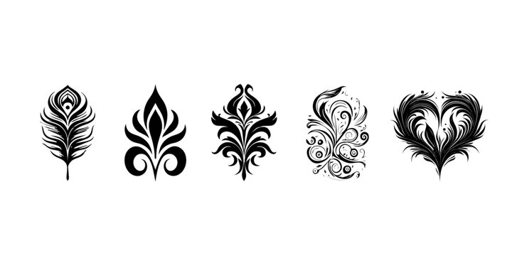 Elegant black peacock feather design with intricate swirls and decorative elements silhouette isolated on white background