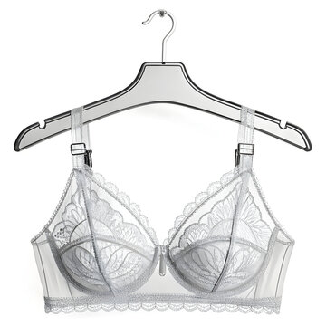 Exquisite lace detailed silver bra elegantly displayed on a modern hanger, perfect for lingerie collections and fashion showcases.