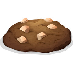 Close up of a single chocolate chip cookie with white chocolate chunks on a transparent background with soft lighting and a subtle shadow