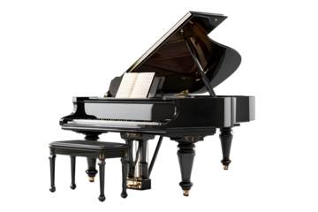 Elegant black grand piano with open lid showcasing sheet music