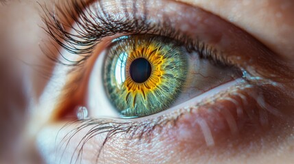 A close-up of a human eye with a green iris and yellow pupil.