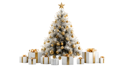 Elegant christmas tree with golden decorations and gift boxes for festive holiday decor