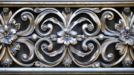 A decorative metal grille with floral and scrollwork patterns, set against a dark background.