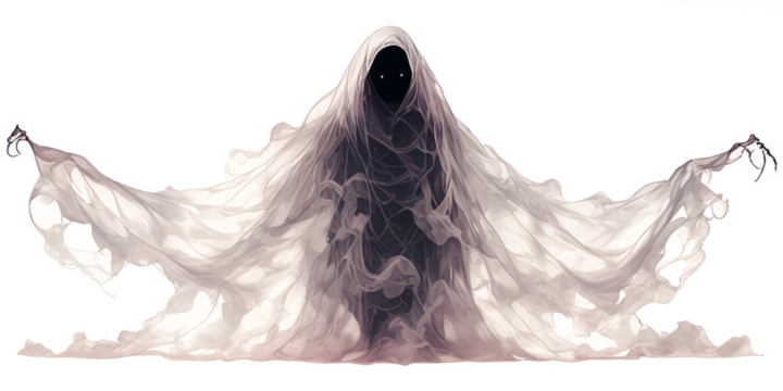 Faceless ghost shape sculpted from rolling black mist and vapor ribbons