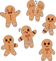 A charming collection of cartoon gingerbread men characters displaying a range of emotions from happy to heartbroken.