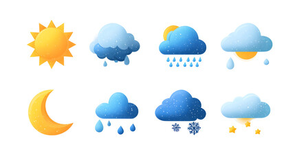 Flat design weather icons set featuring sun moon clouds and rain elements for digital and print design