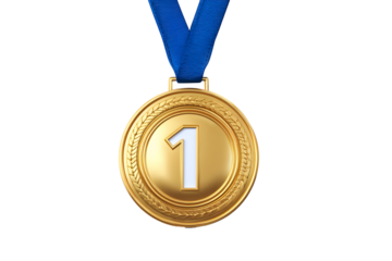 Golden first place award medal with blue ribbon for competition victory