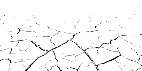 Vector illustration of cracked dry ground texture showing parched soil and drought effect. Black and white cracked earth background symbolizing climate change, arid environment, and dehydration.