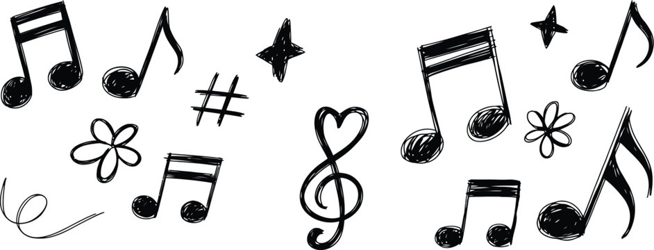 Black musical notes and symbols doodle treble clef