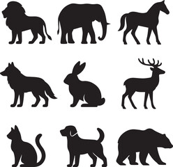Fototapeta premium A collection of various wild and domestic animal silhouettes, including a lion, elephant, horse, and bear, presented as a versatile set of icons