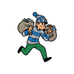 Cartoon burglar in striped beanie and shirt running away with two large sacks of loot.
