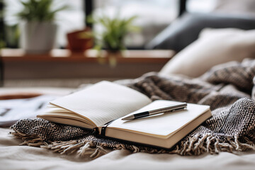 An open notebook with blank pages lying on a minimalist desk. Soft natural light. Cozy, neutral tones &mdash; beige, white, light brown
