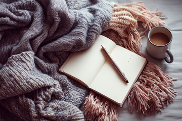 An open notebook with blank pages lying on a minimalist desk. Soft natural light. Cozy, neutral tones &mdash; beige, white, light brown
