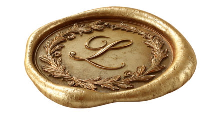 Golden wax seal with embossed letter l surrounded by ornate floral design