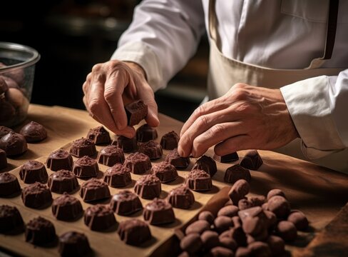 A chocolatier carefully places handmade chocolate bonbons onto a tray, showcasing meticulous craftsmanship