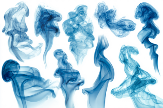 Smoke puffs tiny translucent wisps and swirls soft edges isolated on clean white background