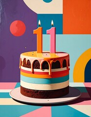 Retro illustration of a birthday or anniversary cake with a number 11 candle